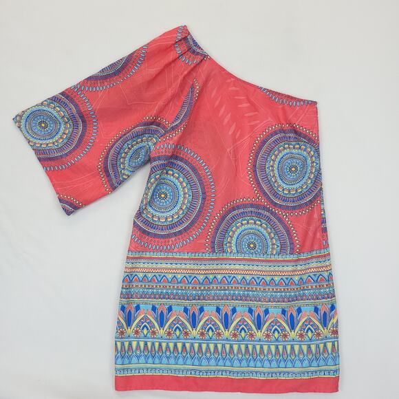 Hello Miss Short Dress One Shoulder Pattern Women S Coral MultiColor Blue Beachy - Picture 5 of 8